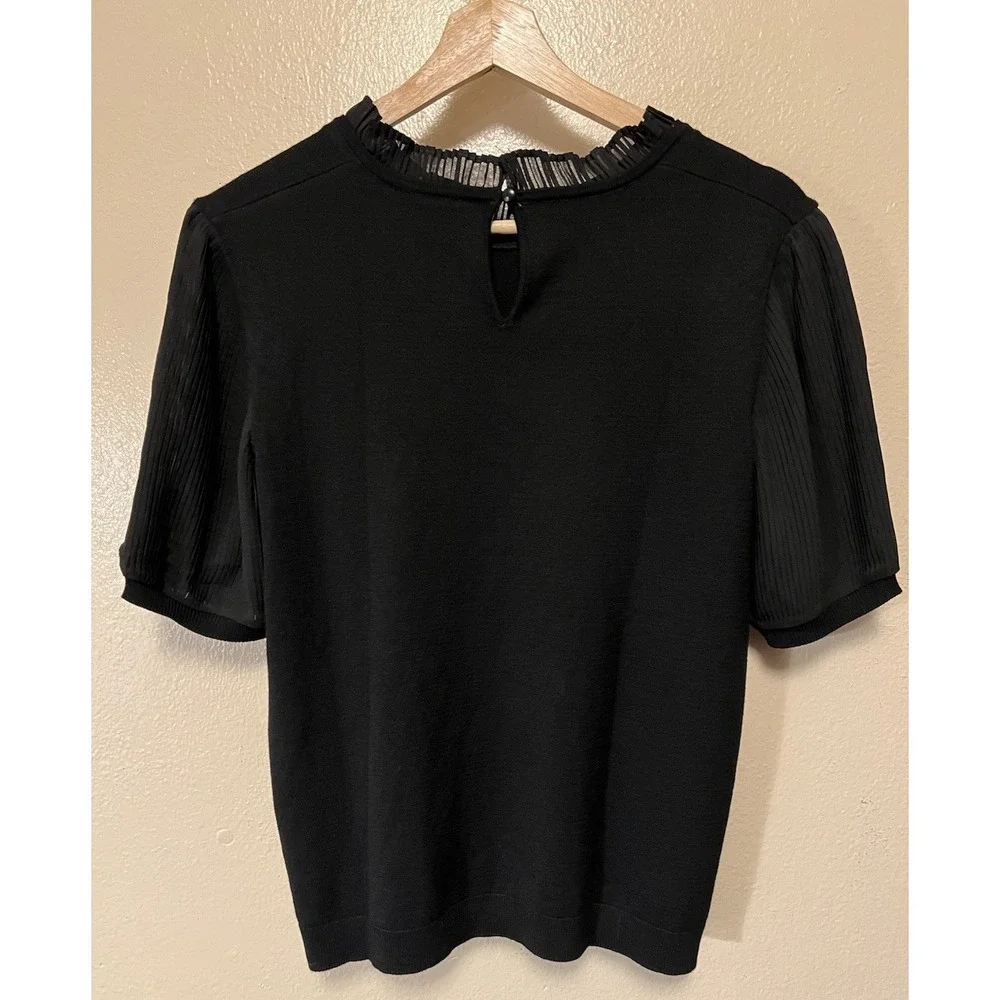 Adrianna Papell Sweater Pleated Short Sleeves and Collar‎ Keyhole Black Size M